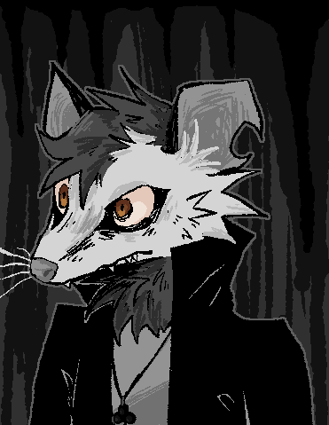 A digital drawing of an anthro Virginia opossum from the shoulders up. They are wearing a coat with the collar popped and a club card suit symbol necklace. One ear has a hole in it.